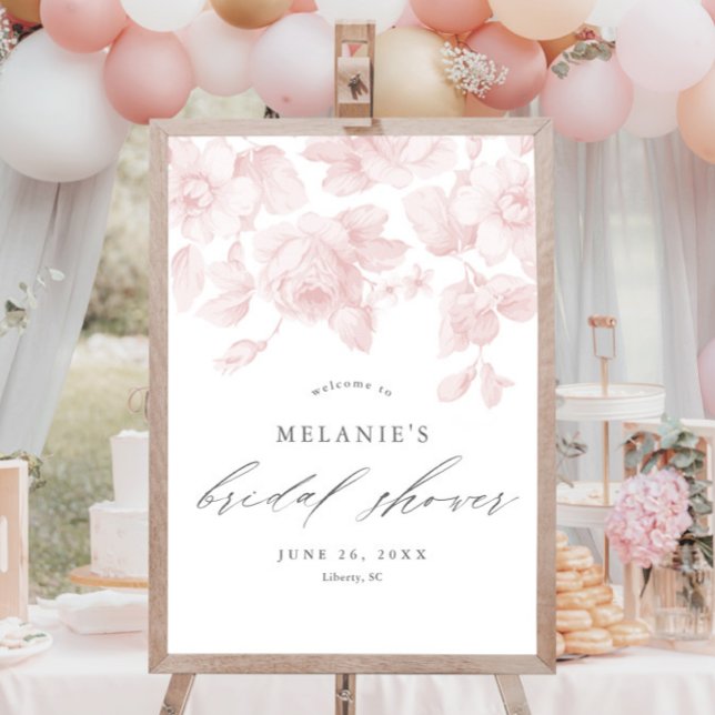 Elegant Floral Script Pink Bridal Shower Welcome Poster (Elegant vintage floral bridal shower welcome sign.)