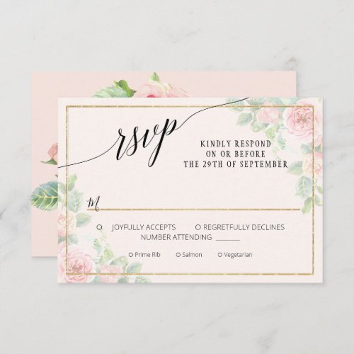 Elegant Floral Script Pink Gold Watercolor Wedding RSVP Card