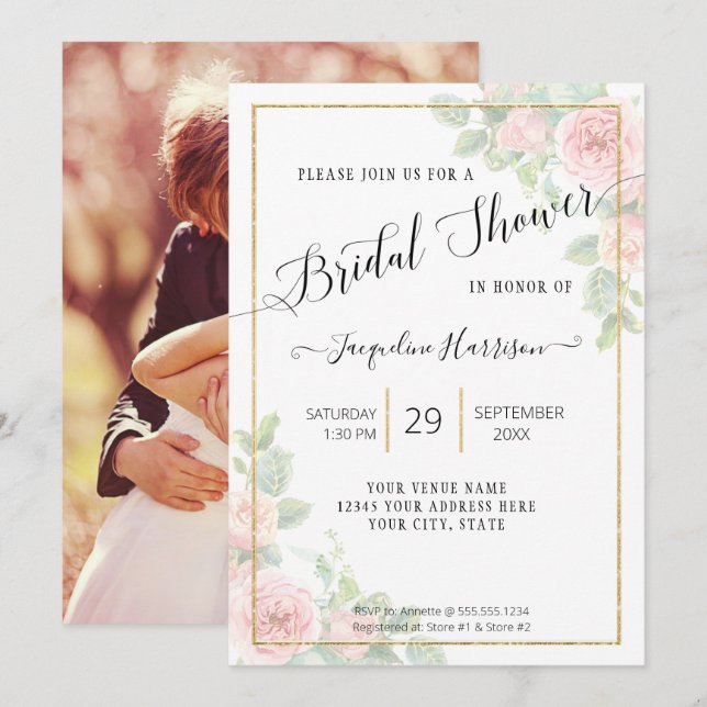 Elegant Floral Script Pink n Gold Bridal Shower Invitation (Front/Back)
