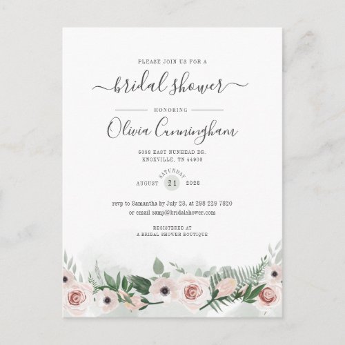 Elegant Floral Script Watercolor Bridal Shower Invitation Postcard