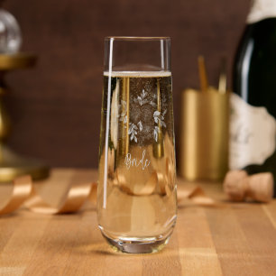 Elegant Floral Script Wedding Personalized Stemless Champagne Flute