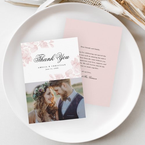 Elegant Floral Script Wedding Photo Thank You Card