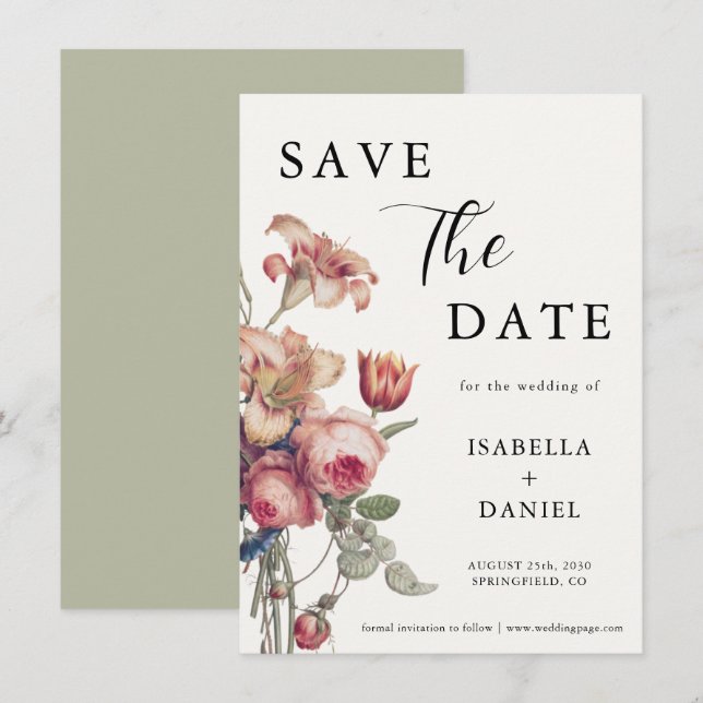 Elegant Floral Script Wedding Save The Date (Front/Back)