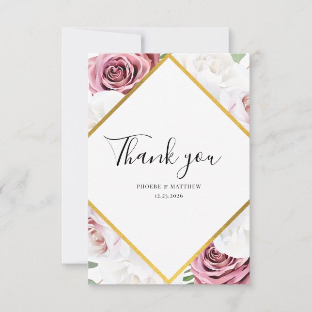 Elegant Floral Script Wedding  Thank You Card (Front)