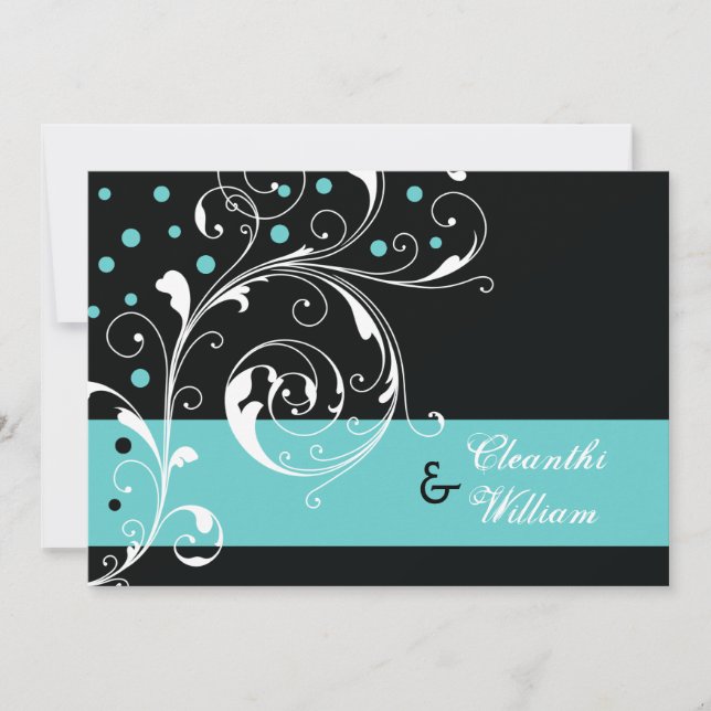 Elegant floral scroll leaf black, aqua wedding invitation (Front)