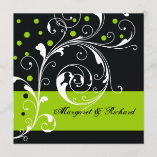 Elegant floral scroll leaf black, green wedding invitation