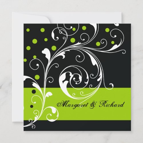 Elegant floral scroll leaf black, green wedding personalized invites