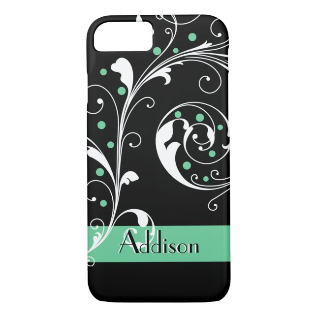 Elegant floral scroll leaf black mint green Case-Mate iPhone case (Back)