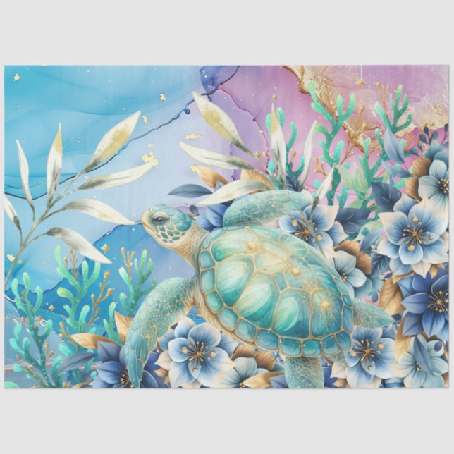 Elegant Floral Sea Turtle Decoupage Tissue Paper (Front)