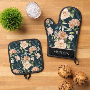 Elegant Floral Shabby Chic Personalized Oven Mitt & Pot Holder Set