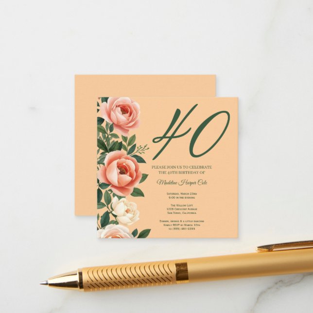 Elegant Floral Side Border Birthday Invitation (Front/Back In Situ)