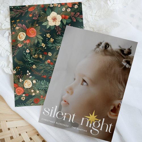 Elegant Floral Silent Night Christmas Star Photo Foil Holiday Card