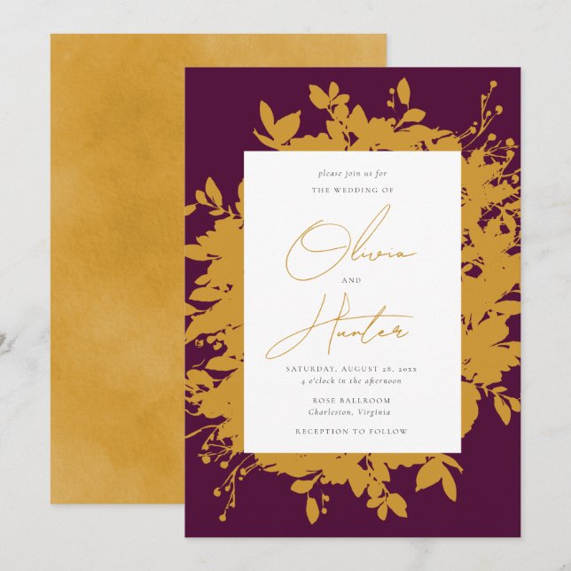Elegant Floral Silhouette Mustard Yellow Wedding I Invitation (Front/Back)