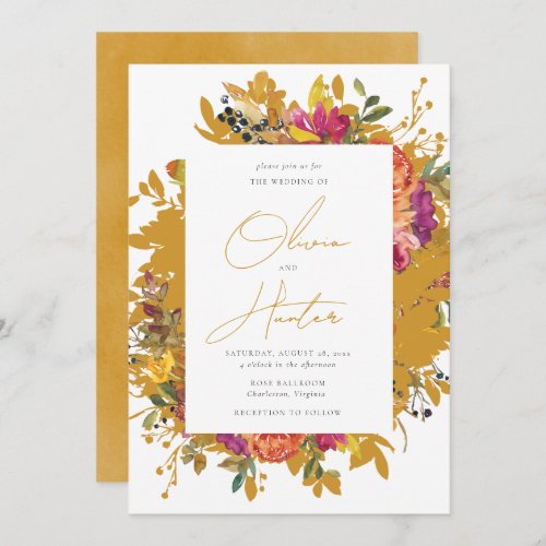 Elegant Floral Silhouette Mustard Yellow Wedding I Invitation
