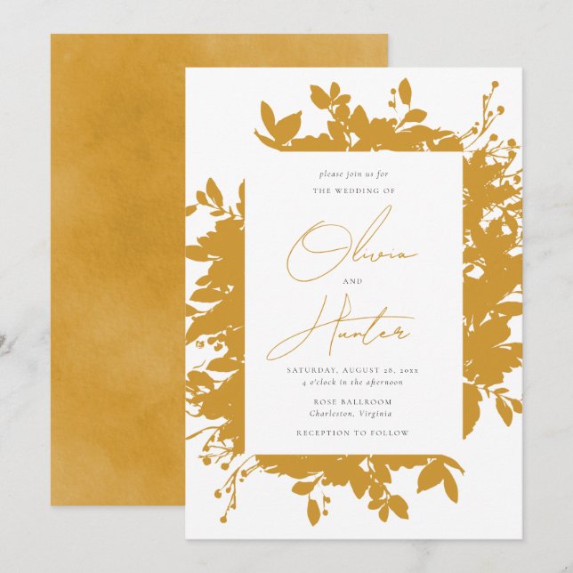 Elegant Floral Silhouette Mustard Yellow Wedding Invitation (Front/Back)