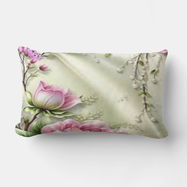 Elegant Floral Silk-Effect Lumbar Pillow – Pink Ma (Front)