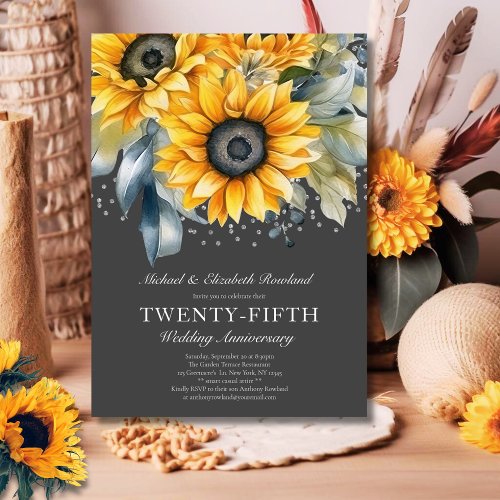 Elegant Floral Silver 25th Wedding Anniversary Foil Invitation