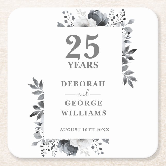Elegant Floral Silver 25th Wedding Anniversary  Square Paper Coaster (Front)