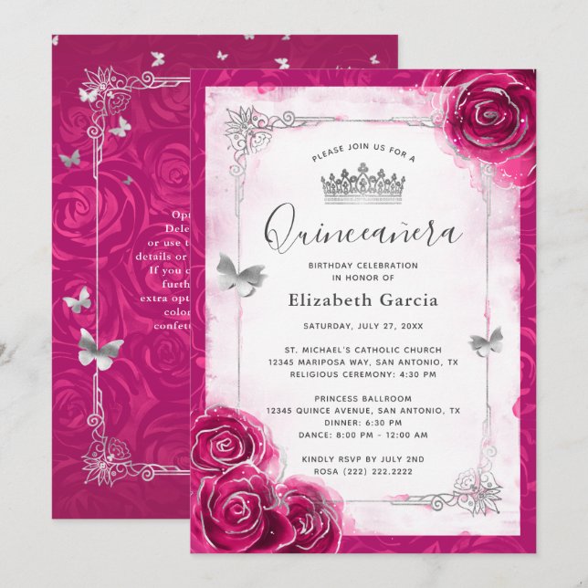 Elegant Floral Silver and Fuchsia Quinceanera Invitation (Front/Back)