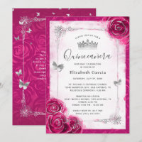 Elegant Floral Silver and Fuchsia Quinceanera