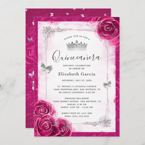 Elegant Floral Silver and Fuchsia Quinceanera Invitation