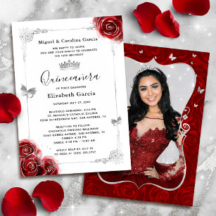 Elegant Floral Silver and Red Quinceanera Photo Invitation