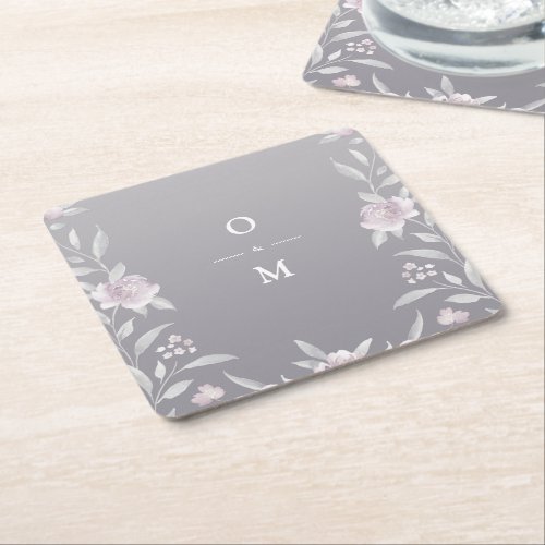 Elegant floral silver Chinoiserie Wedding monogram Square Paper Coaster