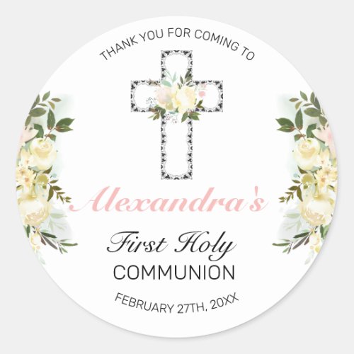 Elegant Floral Silver Cross First Holy Communion Classic Round Sticker