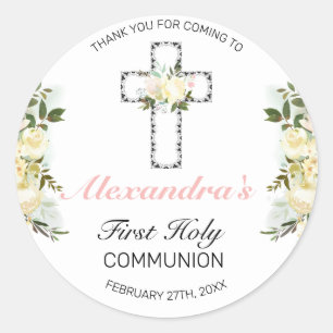 Elegant Floral Silver Cross First Holy Communion Classic Round Sticker