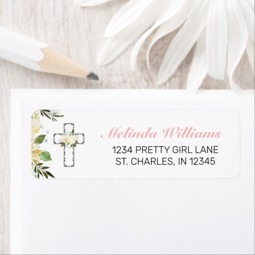 Elegant Floral Silver Cross First Holy Communion  Label