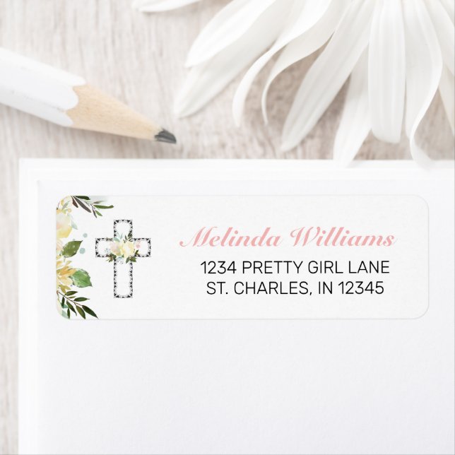 Elegant Floral Silver Cross First Holy Communion  Label (Insitu)