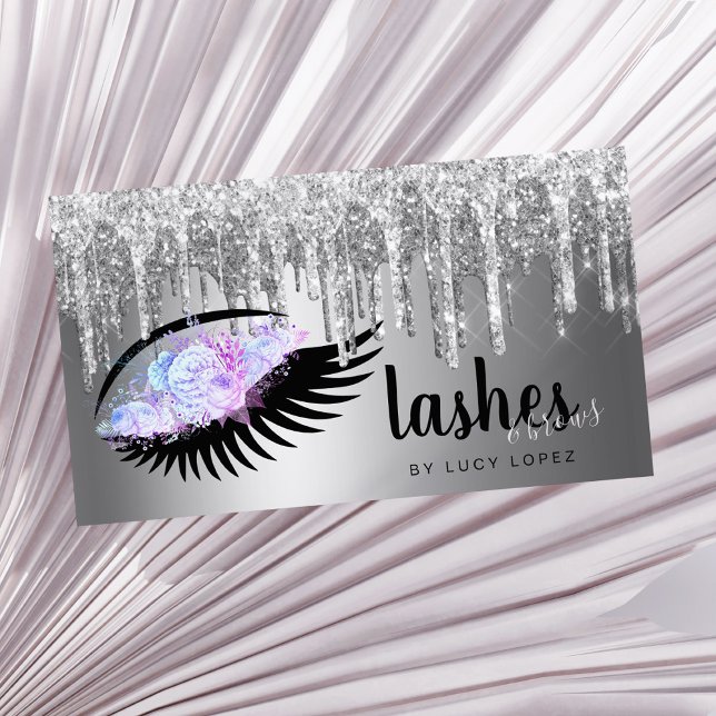 Elegant floral silver glitter drips lashes & brows business card (Creator Uploaded)