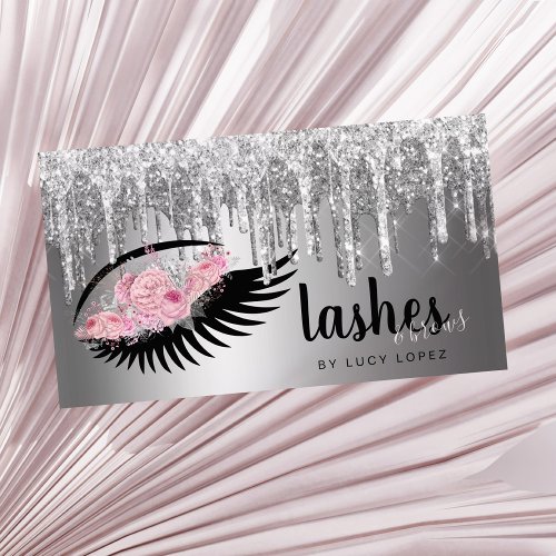 Elegant floral silver glitter drips lashes  brows business card