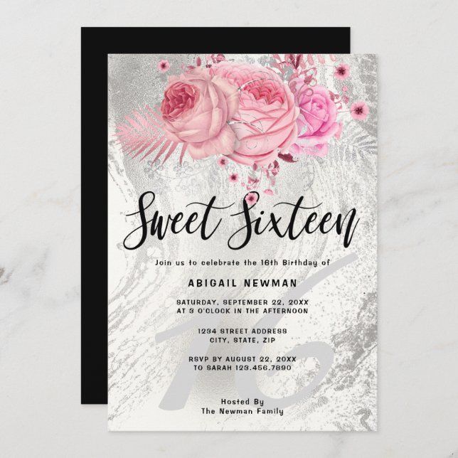Elegant floral silver glitter marble sweet sixteen invitation (Front/Back)