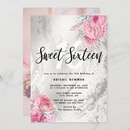Elegant floral silver glitter marble sweet sixteen invitation