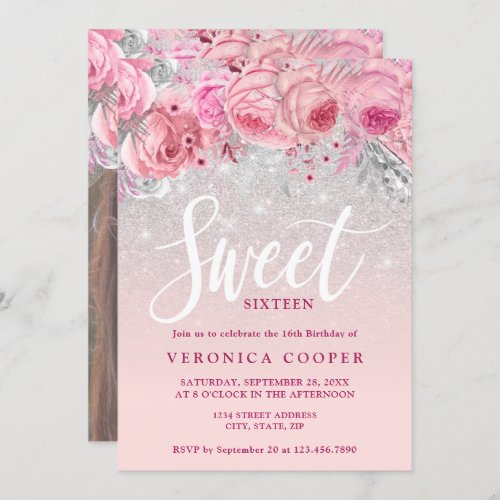 Elegant floral silver glitter sweet sixteen invitation