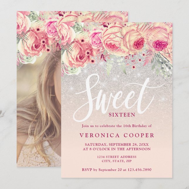 Elegant floral silver glitter sweet sixteen invitation (Front/Back)