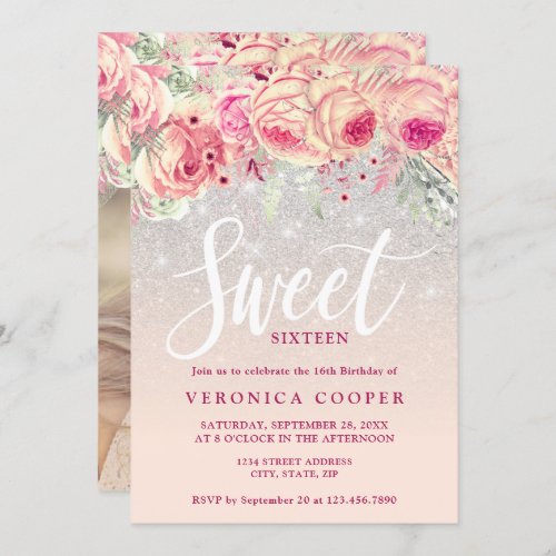 Elegant floral silver glitter sweet sixteen invitation
