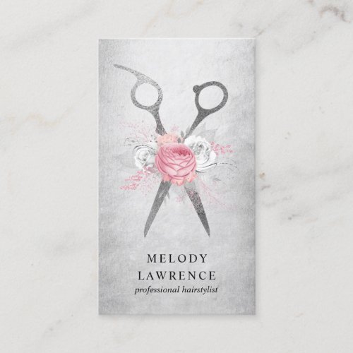 Elegant floral silver pink scissors hairstylist business card