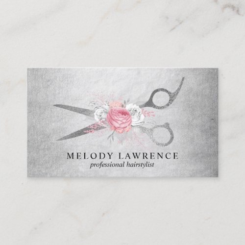 Elegant floral silver pink scissors hairstylist business card