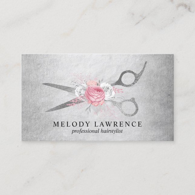 Elegant floral silver pink scissors hairstylist business card (Front)