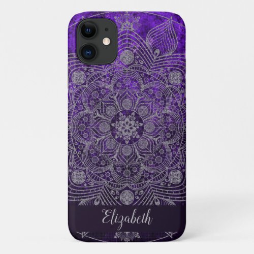 Elegant Floral Silver  Purple Mandala Monogram iPhone 11 Case