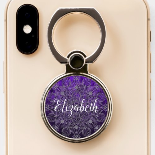 Elegant Floral Silver  Purple Mandala Monogram Phone Ring Stand