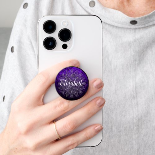 Elegant Floral Silver  Purple Mandala Monogram PopSocket