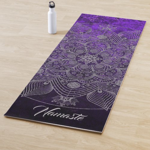 Elegant Floral Silver  Purple Mandala Namaste  Yoga Mat