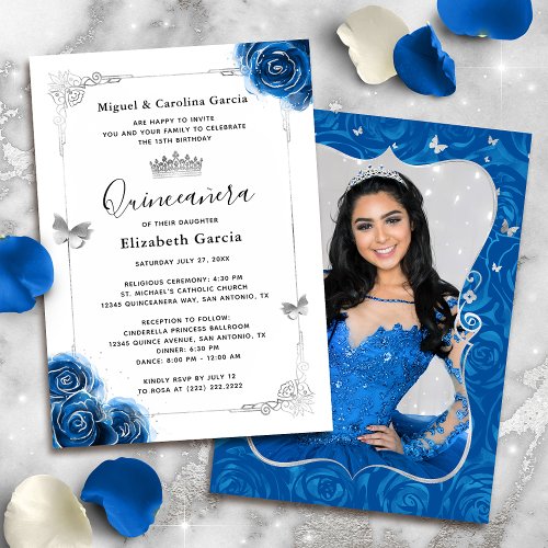 Elegant Floral Silver Royal Blue Quinceanera Photo Invitation