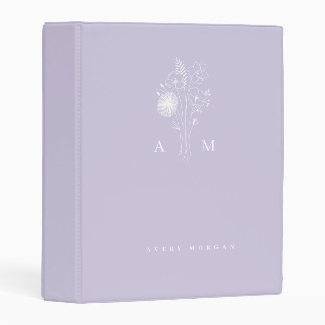 Elegant Floral Simple Monogram Journal Lavender Mini Binder (Front/Spine)