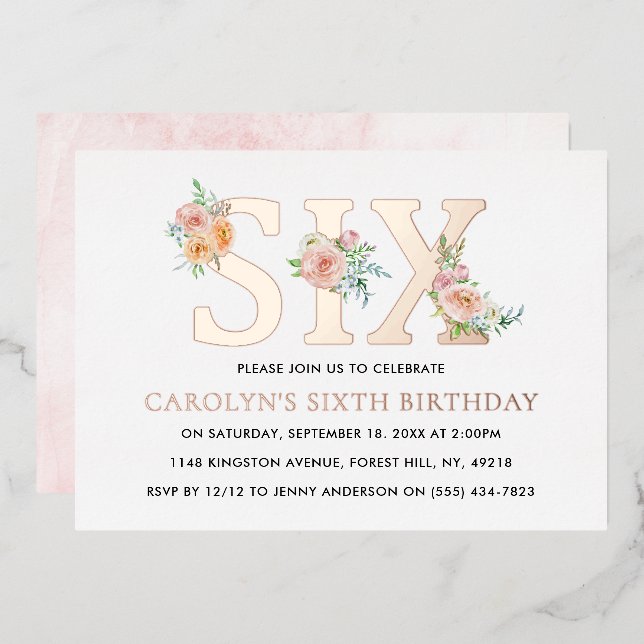 Elegant Floral SIX 6th Birthday Real Foil Invitation (Front/Back)