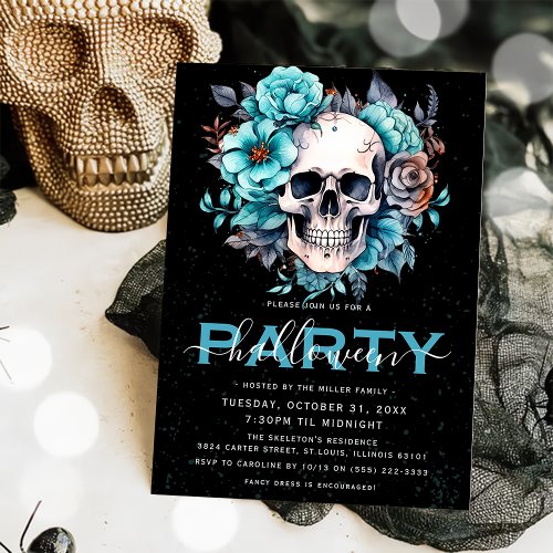 Elegant Floral Skull Adult Halloween Party Invitation