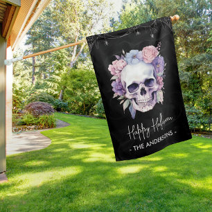 Elegant Floral & Skull Gothic Halloween Custom  House Flag
